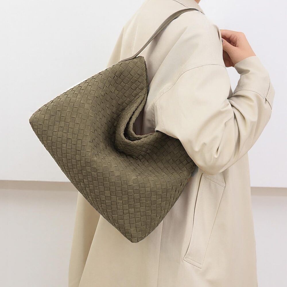 4235 Woven Suede Hobo Bag Trendy Slouchy Shoulder Tote Purse with Leather - Picture 2 of 7